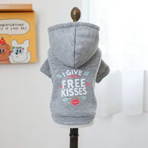 Detail of gray dog hoodie with I Give Free Kisses print and ribbed cuffs for pets