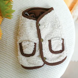 Warm off-white fleece pet vest with brown trim and cute buttons for small dogs and cats