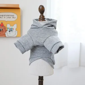 Detail of gray pet hoodie made of soft knitted cotton fabric for small dogs and cats