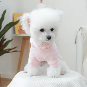 Sweat à capuche rose pour petit chien porté par un Bichon Frise dans un décor cozy
