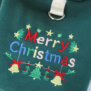 Detailed embroidery of Merry Christmas with silver D-ring on pet holiday hoodie