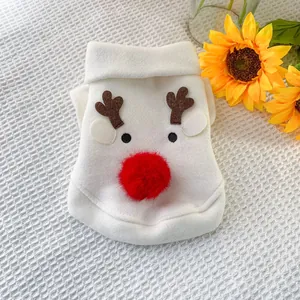 Close-up of white fleece pet Christmas vest featuring cute reindeer embroidery and red nose