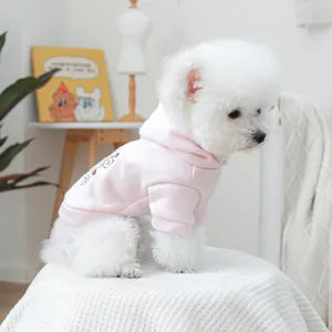 Vue détaillée d'un petit chien blanc portant un sweat à capuche rose avec imprimé chat