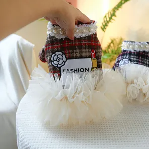 Detailansicht eines Haustierkleides mit braunem Karomuster, Spitzenkragen und Tüllrock
