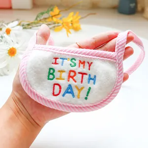 Pink and white striped pet birthday bib featuring colorful 'IT'S MY BIRTHDAY' embroidery