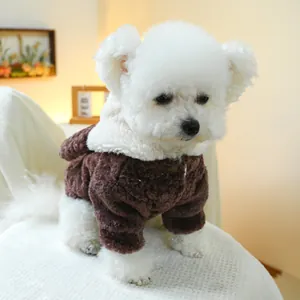 Detail of warm teddy fleece pet hoodie with cute bear ears and button closure
