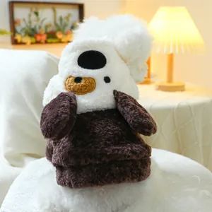 Close-up of thick plush pet winter coat with cartoon dog hoodie and soft fleece texture
