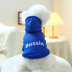 Détail d'un sweat à capuche bleu pour animaux avec impression BUSSIN pour petit chien
