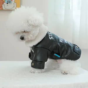 Warm black leather pet jacket with white fleece collar and Still Young Paw print