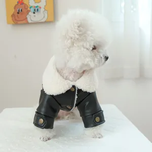 Black leather pet jacket with white fleece collar and metal buttons for dogs and cats