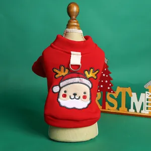 Detail of red Christmas dog hoodie featuring 3D reindeer embroidery and metal D-ring