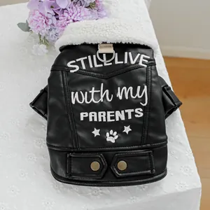 Faux leather pet jacket with white fleece collar and embroidered text for dogs