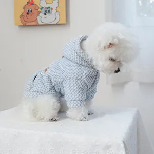 Close-up of light blue waffle texture pet hoodie with hood and back pocket for dogs