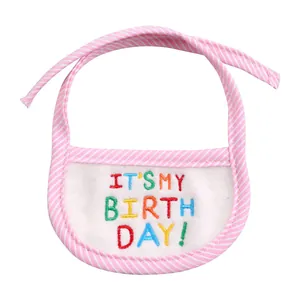 Pink striped pet birthday bib with colorful 'IT'S MY BIRTHDAY' embroidery and tie