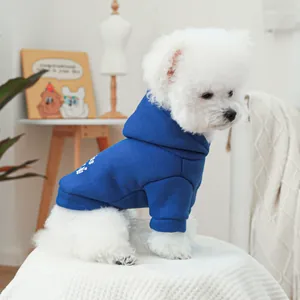 Sweat à capuche bleu pour chien avec imprimé blanc porté par un petit chien blanc