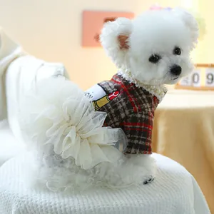 Detail von Hundekleid mit braunem Karomuster, weißem Tüllrock und elegantem Spitzenkragen