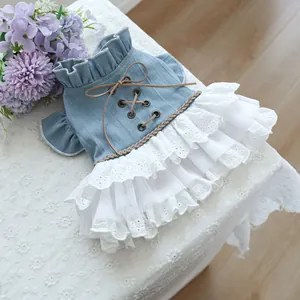 Detail of sweet denim pet dress with white lace tutu skirt and decorative crisscross lace-up