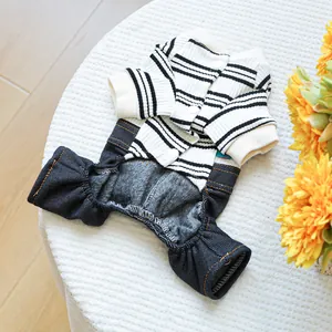 Detail view of pet striped knit and denim jumpsuit with warm fleece lining and buttons