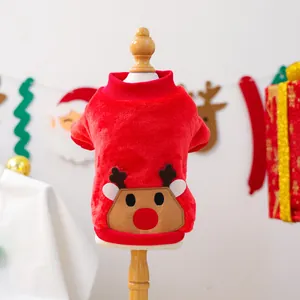 Detail of red festive pet Christmas sweater with a cute 3D cartoon reindeer plush applique