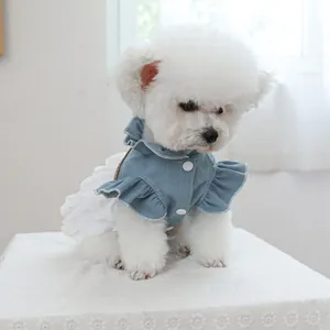Modern denim pet dress with layered white lace skirt for small dogs and cats