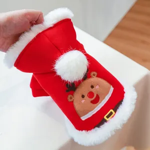 Detail view of red Christmas pet hoodie with reindeer embroidery and soft plush lining