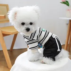Dog striped shirt and denim overalls set for small dogs with white drawstring waist