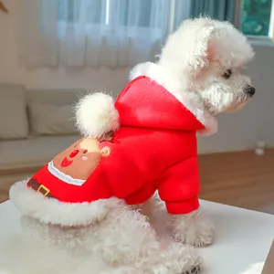 Detail of red Christmas pet hoodie with reindeer embroidery and white plush trim