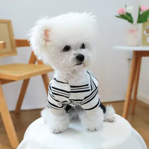 Striped pet jumpsuit for small dogs and cats with classic denim details on bichon frise