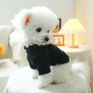 Detail eines weichen schwarzen Hunde-Hoodies an einem weißen Bichon Frise zu Hause