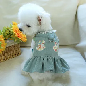 Pet Dress For Small Dogs Cats Corduroy Mesh Rabbit Patch Harness Skirt With D-Ring Lace Trim Bowknot Princess Puppy Clothing