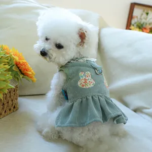 Sage green corduroy pet dress with lace collar and bunny patch on small white dog