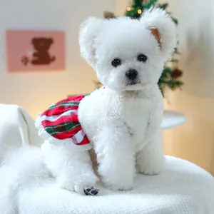 Detail of festive red and green plaid pet dress with white lace trim on a small dog