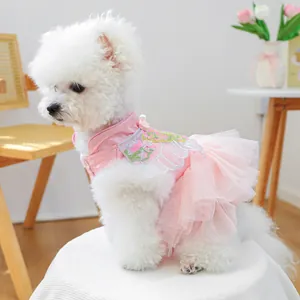 Roze Chinese stijl prinsessenjurk voor huisdieren met bloemenborduurwerk en tutu-rok