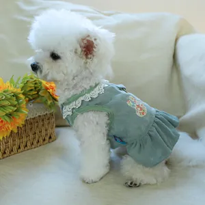 Detail of mint green corduroy pet dress with white lace collar and floral bunny patch