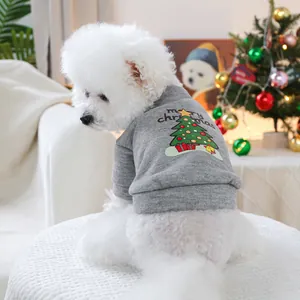 Close-up of a gray dog hoodie with a Christmas tree pattern and Merry Christmas text