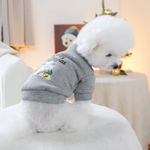 Detail of grey hooded pet sweatshirt with festive Christmas tree print and soft cotton lining