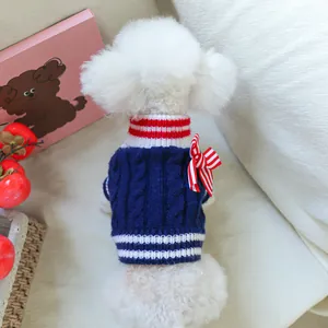 Navy Style Pet Dog Cat Sweater Knitted Cable Knit Bow Warm Puppy Clothing Striped High Neck Soft Acrylic Pet Clothes