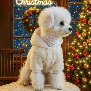 Plush white hooded dog coat with soft lamb wool texture in a warm Christmas scene