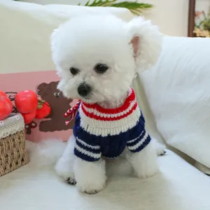 Navy blue striped pet sweater with red bow tie for dogs and cats in cozy knit style
