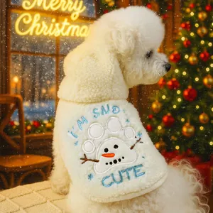 Close-up of cream pet hoodie with 'I'M SNOW CUTE' embroidery and snowman design