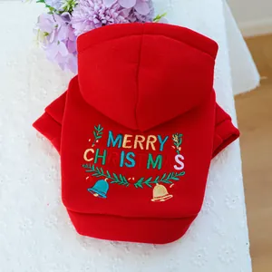 Red Christmas hoodie for dogs and cats with Merry Christmas embroidery and bells