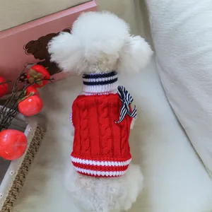 Red cable knit pet sweater with high collar and blue bow for small dogs and cats