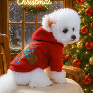 Cozy red Christmas pet hoodie featuring a reindeer pattern for dogs and cats in festive setting