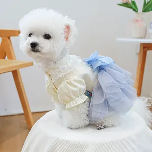 Detailed side view of a white dog wearing a light blue and cream mesh princess tutu dress