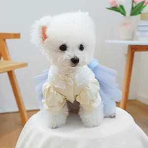 Princess style pet dress with yellow knit top and blue tutu skirt for small dogs
