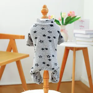 Cozy grey pet onesie with navy star print and high collar on professional display