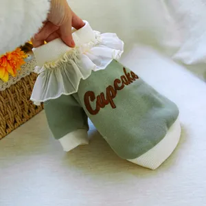 Sage green pet cupcake sweatshirt with lace ruffle collar and rib cuffs for dogs and cats