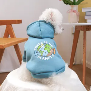 Detail of light blue pet hoodie with There Is No Planet B earth print and soft texture