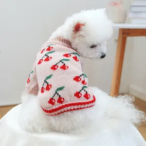 Petcircle Pink Pet Dog Cat Knitted Sweater Cherry Pattern Warm Winter Puppy Kitten Apparel Soft Crochet Animal Clothes