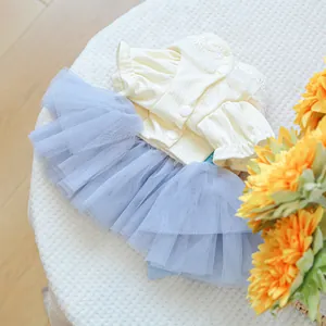 Detail of pet dress with cream ribbed fabric, lace collar and blue mesh tutu skirt